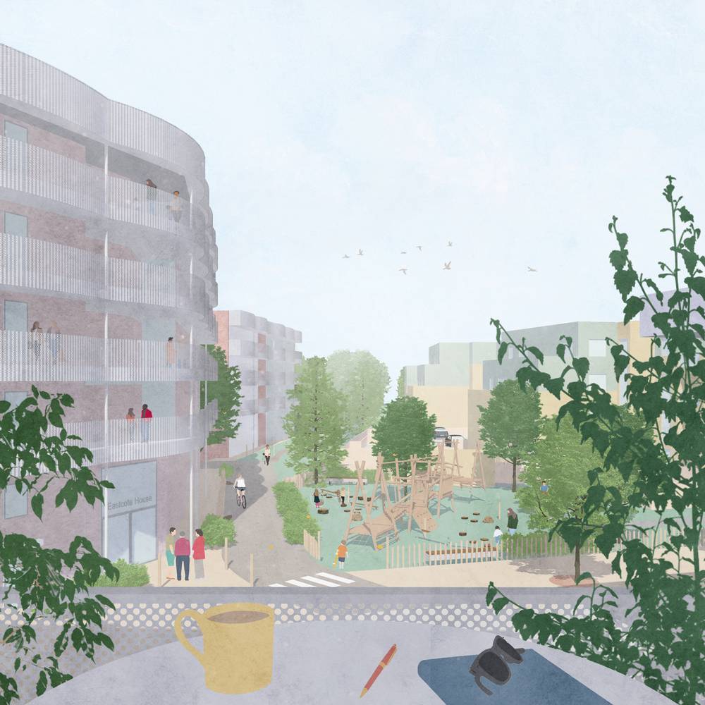<p>View looking west along the &lsquo;Green Corridor&rsquo; onto a central play space and pedestrianised street. The residential heart of the proposal is a safe place that will be child-friendly supporting &lsquo;social sustainability&rsquo;.&nbsp;</p>